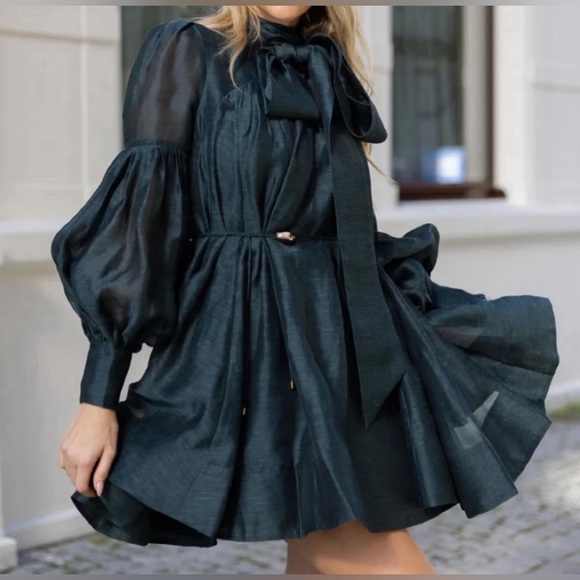 ZIMMERMANN Linen Silk Tie Neck Mini Dress Size - Picture 3 of 16